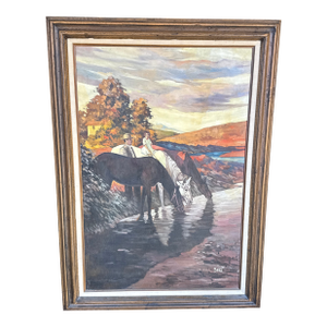 Vintage Signed “Bell” American West Large Painting on Canvas- Watering the Horses