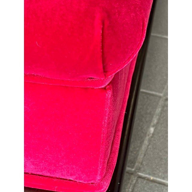 1990s Custom Fuchsia Pink Velvet Cocktail Ottoman With Dark Wood Base & Bun Feet For Sale - Image 5 of 11