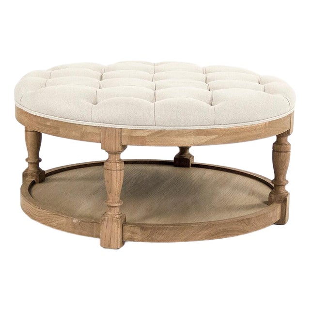 Tammy Nailhead Tufted Round Ottoman - Natural Linen / Natural Oak Frame For Sale