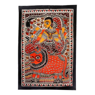 Mamta Devi (2016 National Award Recipient) – Hand-Painted Madhubani Folk Painting of Goddess Durga Riding a Tiger For Sale