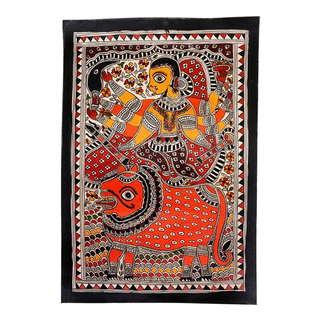 Mamta Devi (2016 National Award Recipient) – Hand-Painted Madhubani Folk Painting of Goddess Durga Riding a Tiger For Sale