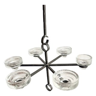 1960s Mid Century Modern Swedish Erik Hoglund Iron Glass Hanging Candle Chandelier 50” Long For Sale