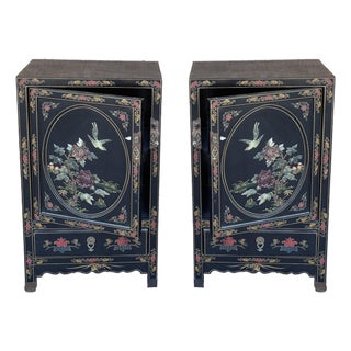 Pair of Laquer and Soapstone Inlay Cabinets/Nightstands For Sale