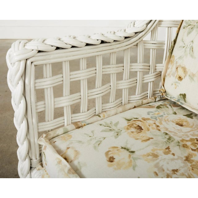 Set of Six Painted Wicker Rattan Garden Dining Armchairs For Sale - Image 10 of 12