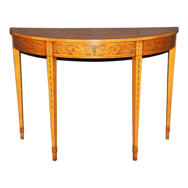 Adams Style Paint Decorated English Satinwood Demilune Console Table For Sale