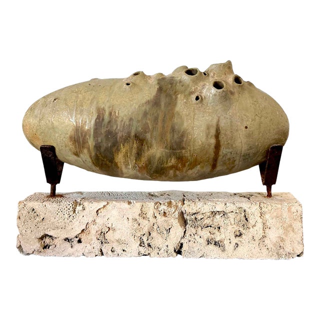 Vintage Original Abstract Studio Pottery Sculpture on Coquina Block Plinth For Sale