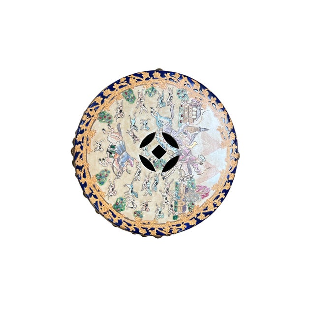 Vintage Oriental Chinoiserie Western Graphic Porcelain Stool Table Ottoman For Sale In San Francisco - Image 6 of 9