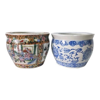 Vintage Chinoiserie Oriental Porcelain Planter Pots-Set of 2 For Sale
