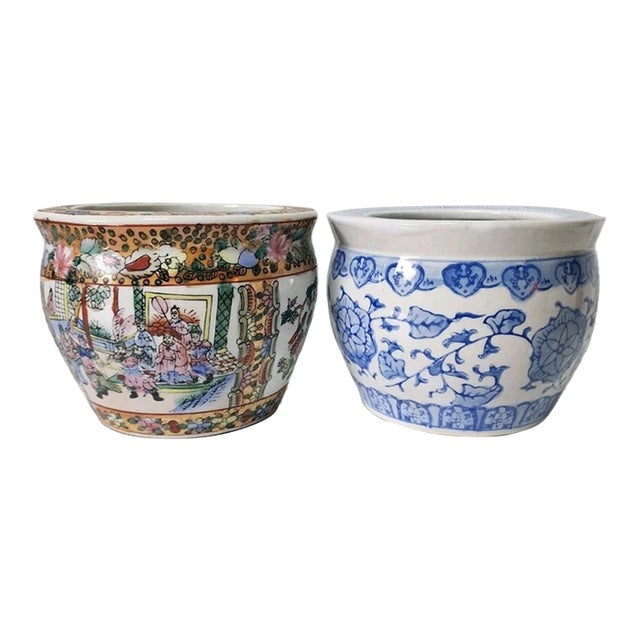 Vintage Chinoiserie Oriental Porcelain Planter Pots-Set of 2 For Sale