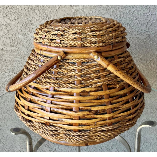Mid 20th-Century Fabulously-Sized Rattan & Bamboo Sewing Basket With Folding Handles For Sale - Image 12 of 12
