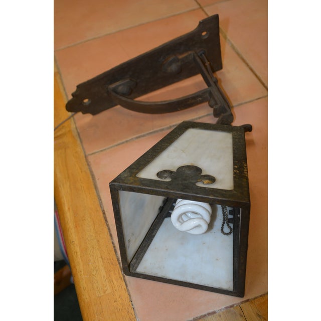 1910s Arts & Crafts Brown Cast Iron / Metal & Slag Glass Hanging Swag Light W/Plug Gothic For Sale - Image 11 of 18