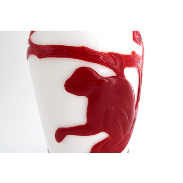 Asian Antique Antique Chinese Red & White Peking Glass Vase, Hand Carved Monkey, C1910 For Sale - Image 3 of 13