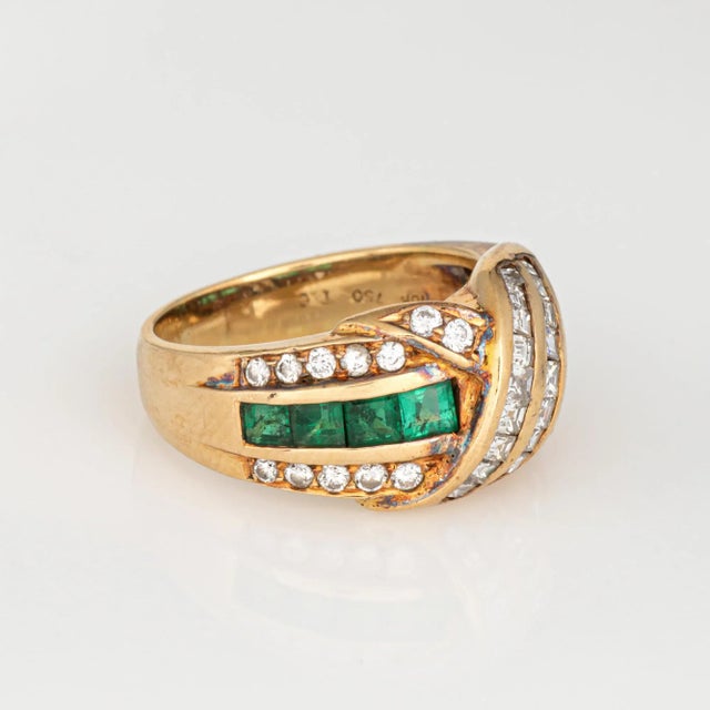 Tiffany and Co. 80s Vintage Tiffany & Co Ring Emerald Diamond Sz 6 18k Yellow Gold Signed For Sale - Image 4 of 7