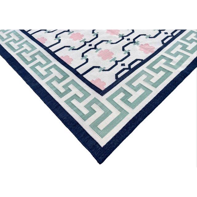 Not Yet Made - Made To Order Handmade Cotton Area Rug Cream, Green, Pink & Navy Blue Bordered Geometric Dhurrie - 10'x14' For Sale - Image 6 of 11