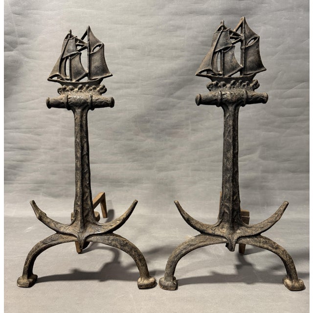 Fireplace Andirons with Naval Ship and Anchor from Bradley & Hubbard, 1920s, Set of 2 For Sale - Image 10 of 10
