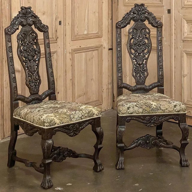 Pair Antique Italian Renaissance Side Chairs are elaborate expressions of the style, celebrating the beauty and majesty of...