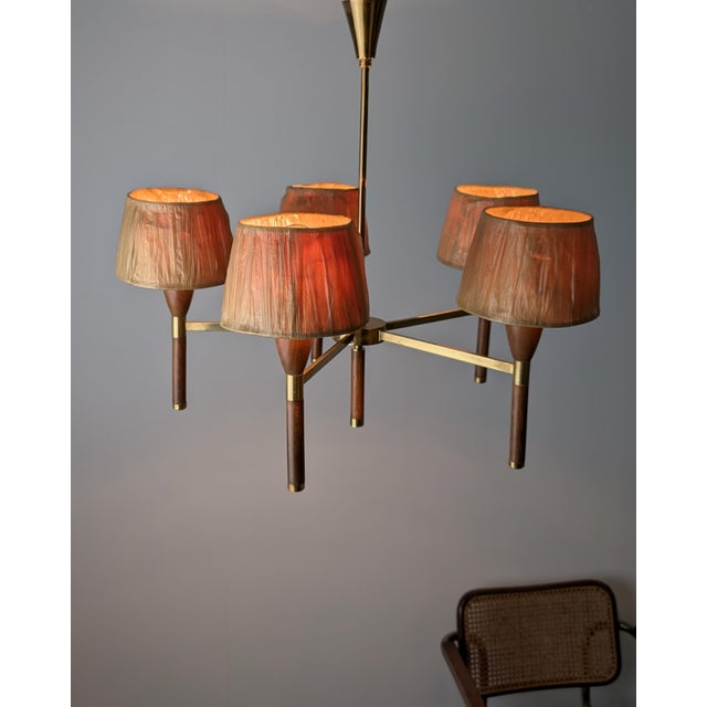Wood Danish 5-Arm Chandelier in Wood and Brass, 1950s For Sale - Image 7 of 18