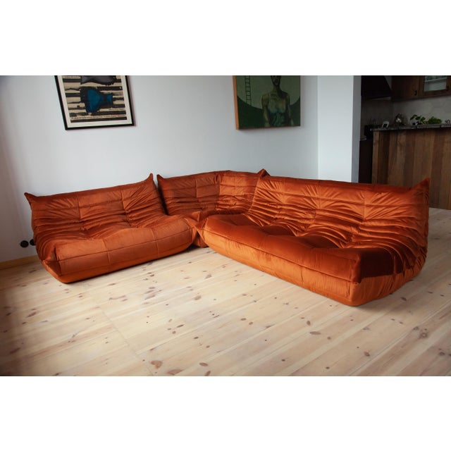 Amber Togo Velvet Corner Chair, Two and Three Seater Sofas by Michel Ducaroy for Ligne Roset, 1979, Set of 3 For Sale - Image 12 of 12