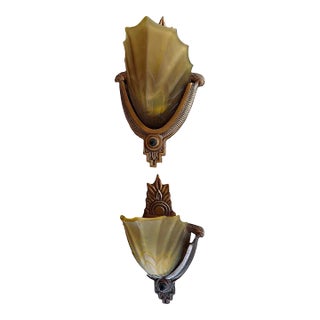 Pair of Amber Glass Slip Shade Art Deco Wall Sconces, Circa 1930 For Sale