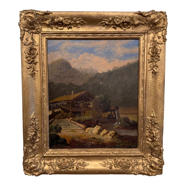 19th Century Oil "Fishing by the Lodge" For Sale