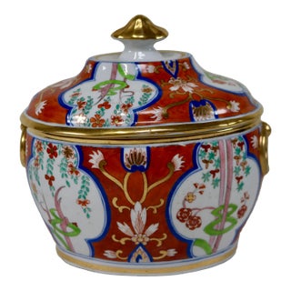 Antique Porcelain Sugar Box in Regency Dollar Sign Pattern Attributed to Coalport For Sale