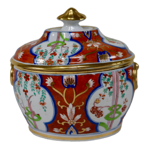 Antique Porcelain Sugar Box in Regency Dollar Sign Pattern Attributed to Coalport