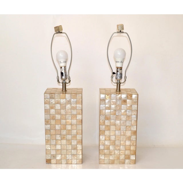 Pair, Mid-Century Modern Capiz Shell Over Wood Square Table Lamps For Sale - Image 13 of 13