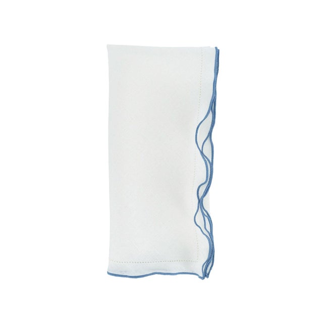 Linen Napkins With Blue Ruffled Hemstitch Edges, Set of 4 For Sale - Image 4 of 6