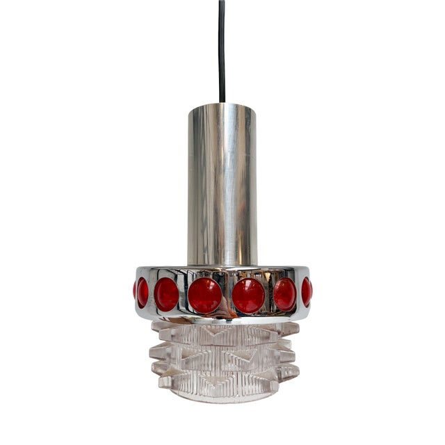 Chrome with Red Glass Ceiling Lamp attributed to Raak Design Team for Massive Lighting, 1960s For Sale