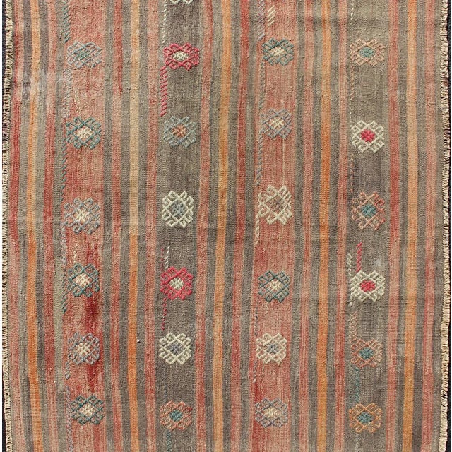 Colorful Vintage Hand Woven Turkish Flat-Weave Kilim Rug With Striped Geometric Design For Sale - Image 4 of 13
