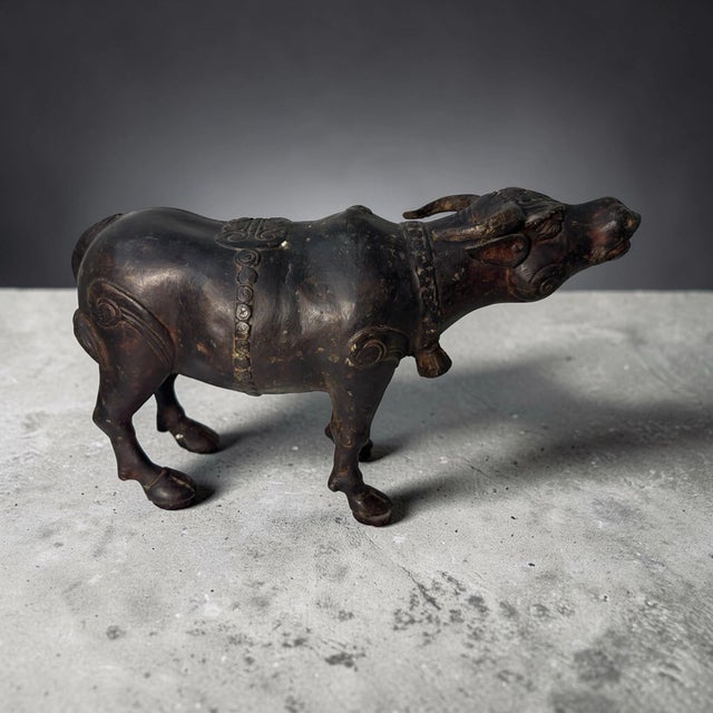 Asian Antique Asian Cast Metal Water Buffalo Ox Sculpture Engraved Figurine 8.5" For Sale - Image 3 of 18