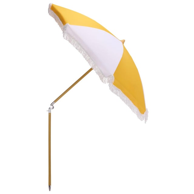 Metal Gallo 6.5 Ft Beach Fringed Umbrella, Yellow Cabana Stripe For Sale - Image 7 of 8
