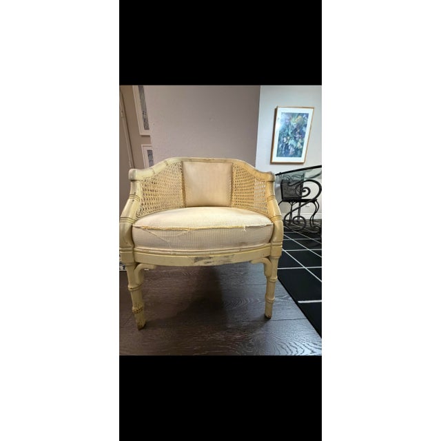 Hollywood Regency Vintage Solid Wood Faux Bamboo & Cane Barrel Chairs - Pair - Needs Reupholstery For Sale - Image 3 of 8