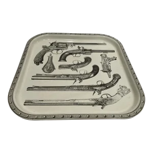 Collectible Barware Metal Serving Tray With Antique Pistols Design Italy 1960s
