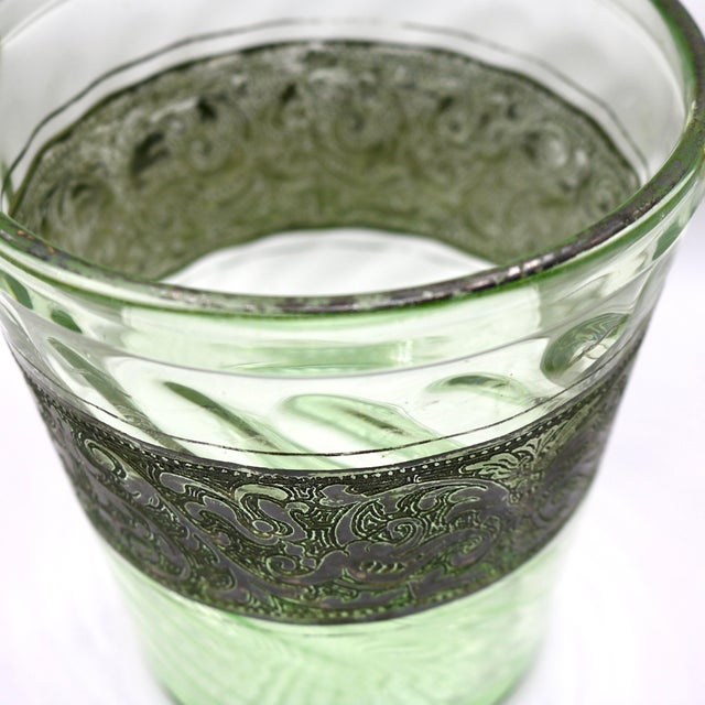 Light Green 1930s Art Deco Green Uranium Glass Ice Bucket With Silver Overlay & Chrome Tongs - 2 Piece Set For Sale - Image 8 of 14