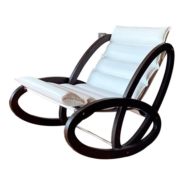 1990s Gae Aulenti Inspired Dark Wood Rocking Chair With Leather Cushion For Sale