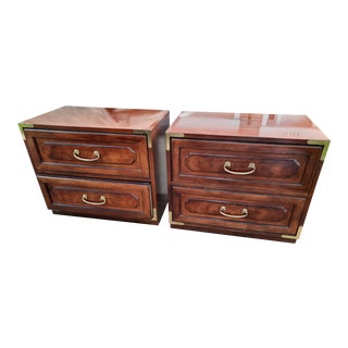 Bernhardt Asian American Campaign Mahogany Burl Nightstands - a Pair For Sale