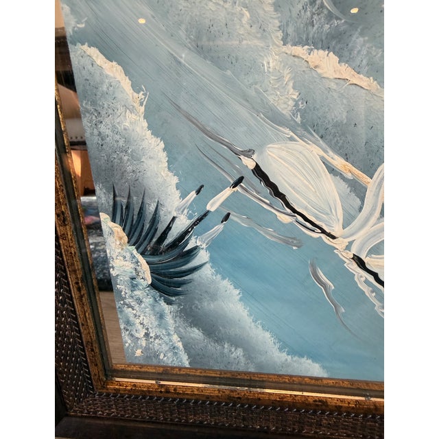 Signed Tim Dunham 2001 Fantasy Reverse Glass Painting-Mating Swans For Sale - Image 4 of 7