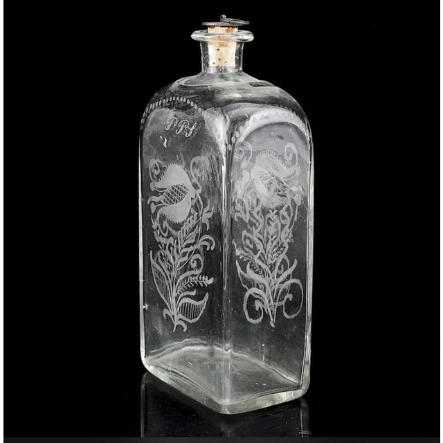 C19th stoppered etched decanter, possibly German. Set of (3) late C18th Swedish shot glasses, vodka height 11 cm This...
