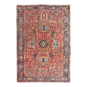Early 20th Century Antique Persian Medallion Serapi Rug With Red Background and Blue Border