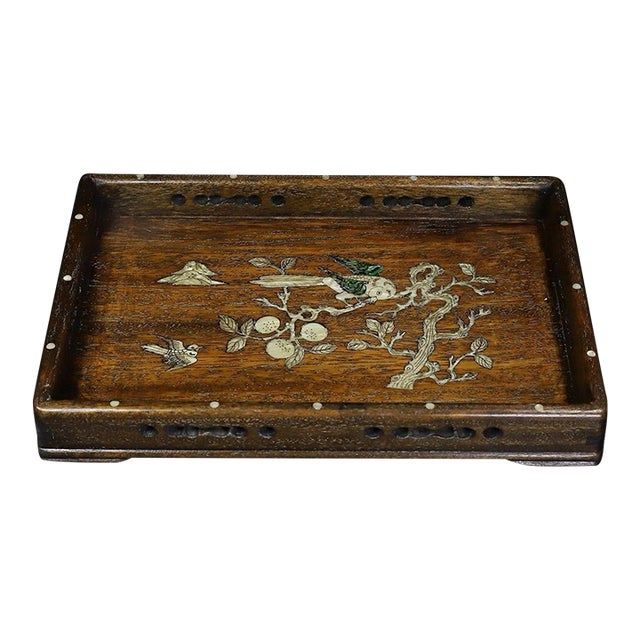 Huali Rosewood Tray Inlaid With Mother-of-Pearl Bird Motif For Sale