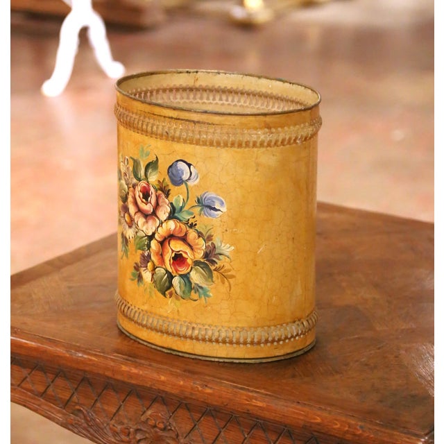Mid 20th Century Mid-Century French Hand-Painted Floral Tole Waste Basket For Sale - Image 5 of 12