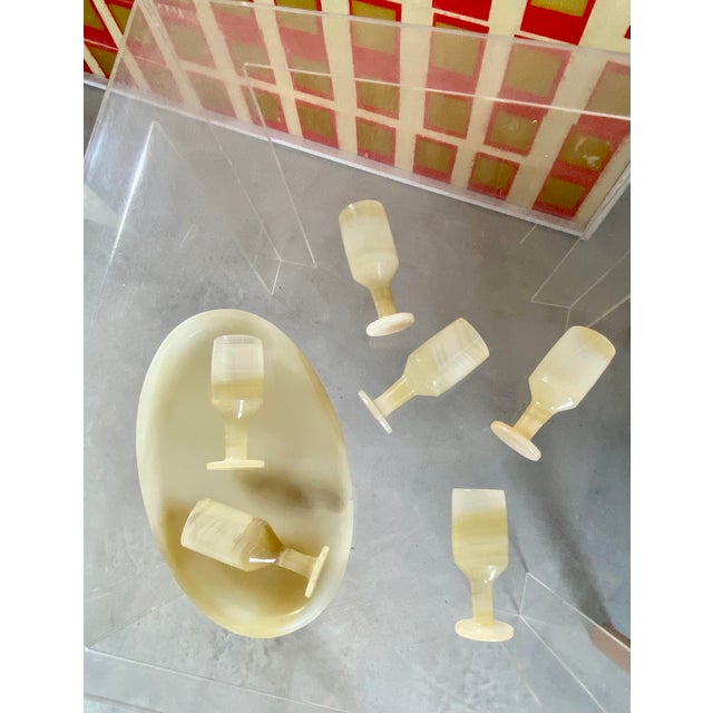 1960s Carved Onyx Stemware + Tray, Set of 7 Pieces For Sale - Image 11 of 17