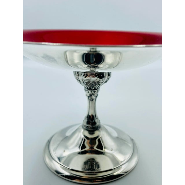 Mid 20th Century Vintage Reed & Barton Silver Plate & Ruby Red Enamel Pedestal Compote For Sale - Image 5 of 12