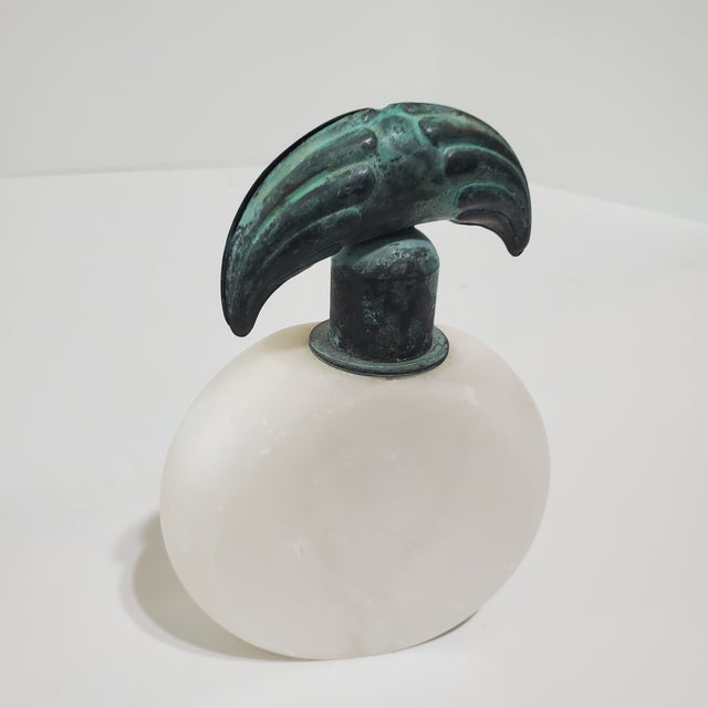 Mid 20th Century 2 Vintage Art Deco Alabaster Perfume Bottles Metal Lion Head Motif Made in Italy For Sale - Image 5 of 8