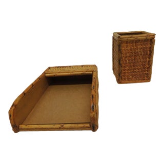 Vintage Pencil and Notes Bamboo and Rattan Desk Set- 2 Pieces For Sale