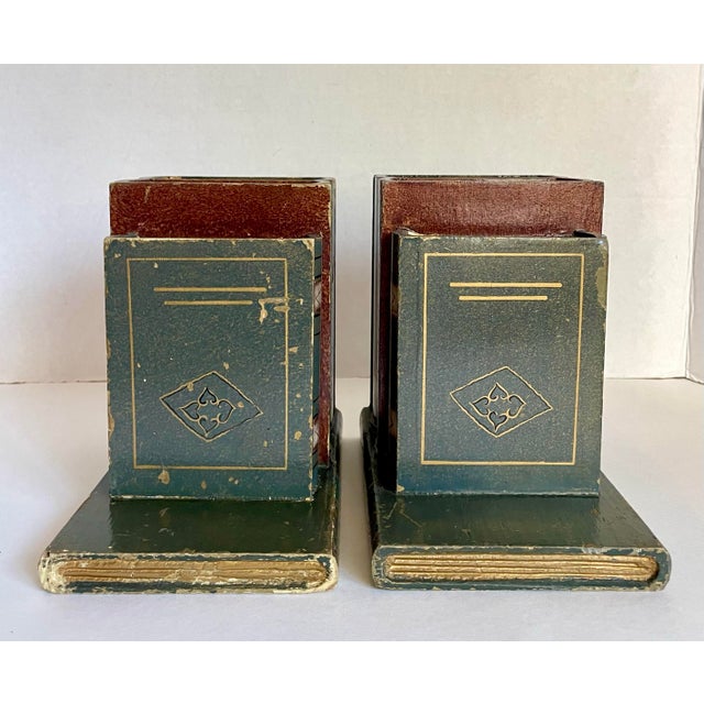 A Pair of Faux Figurative Stack of Books Wood Bookends For Sale In Los Angeles - Image 6 of 12