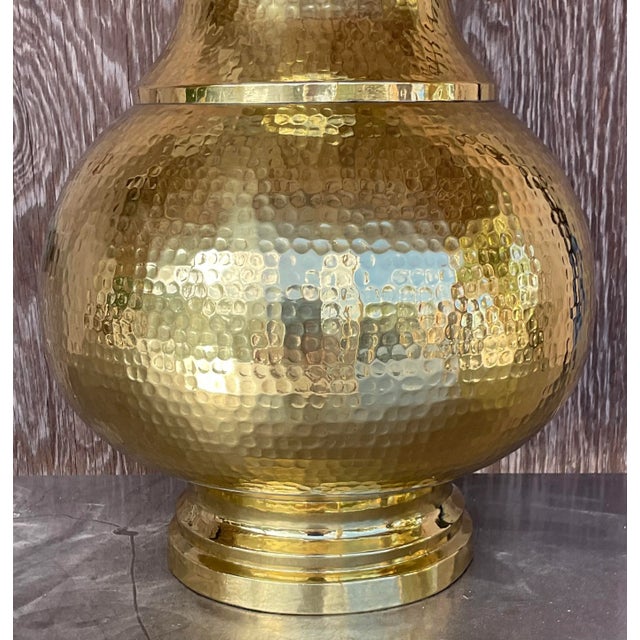 A stunning vintage Boho table lamp. Monumental in size and drama. Chic hammered brass in a gorgeous gourd shape. Freshly...