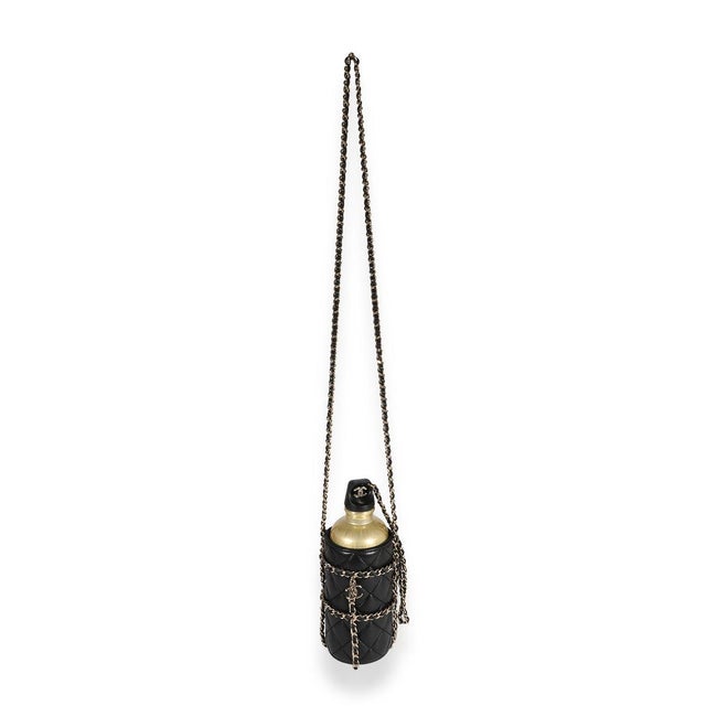 2010s Gold Metal Water Bottle & Black Quilted Lambskin Holder For Sale - Image 5 of 7