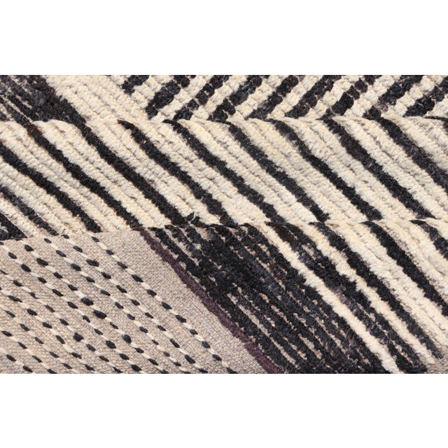 Modern Hand-Knotted Rug in Wool With Abstract Linear Design in Black & Ivory 9'9 X 12'8 For Sale - Image 11 of 12